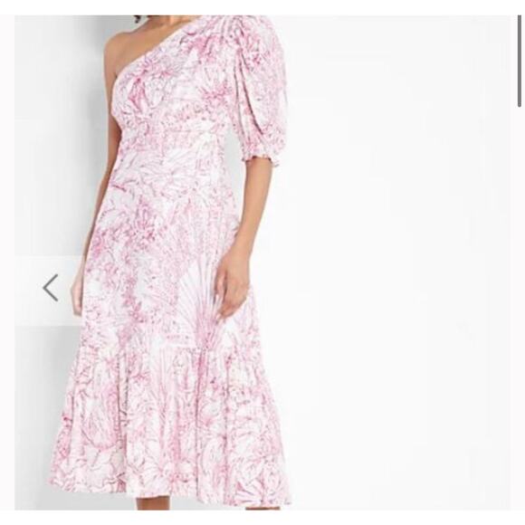 Express Pink & White Puff One Shoulder Floral Spring Midi Tired Dress Sz S - Picture 1 of 8